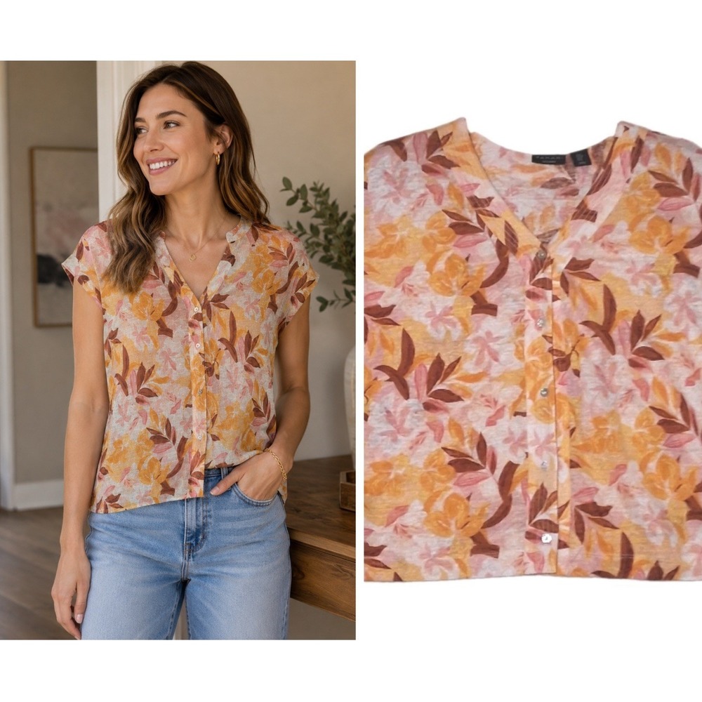 Womens Tahari 100% Linen Button Front Shirt Floral Vibrant Yellow Pink Orange- M